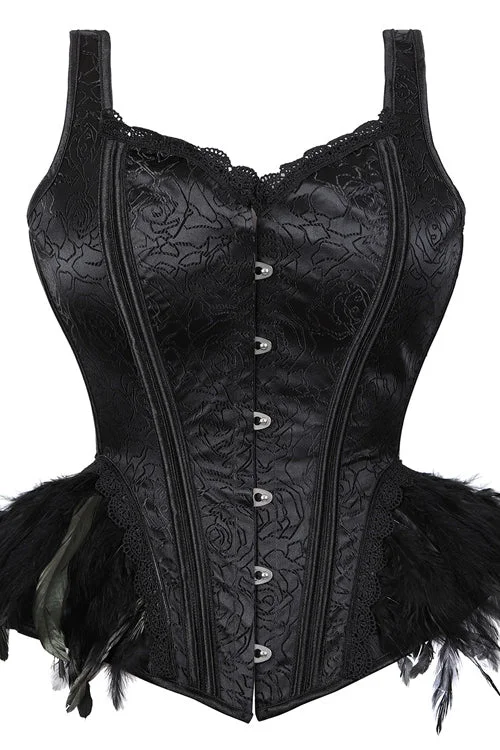 Black Lace-Up Floral Laced Bustier Corset Top with Feathers