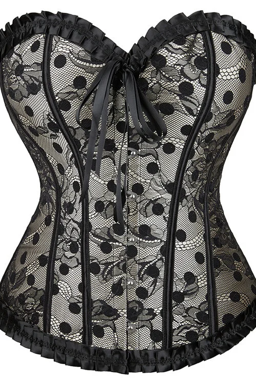 Black Strapless Ruffled Dots Lace-Up Bustier Corset Top