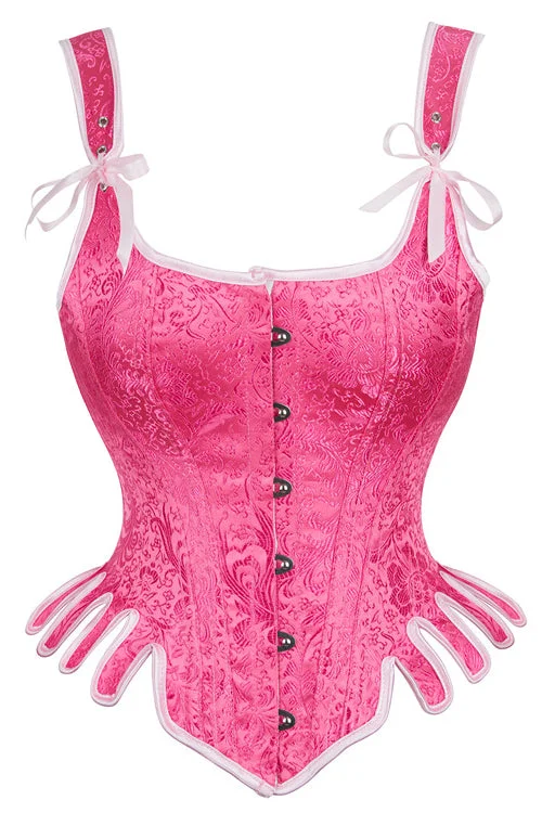 Vintage Barbie Pink Lace-Up Floral Embroidery Steel Boned Bustier Corset Top