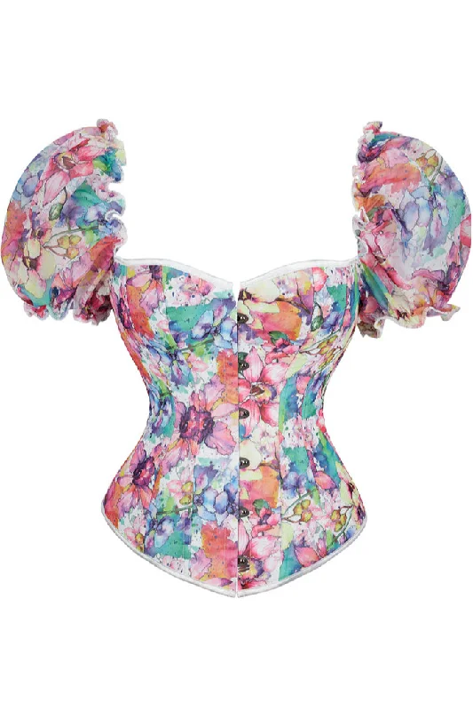 Floral Puff Sleeves Lace-Up Bustier Corset Top