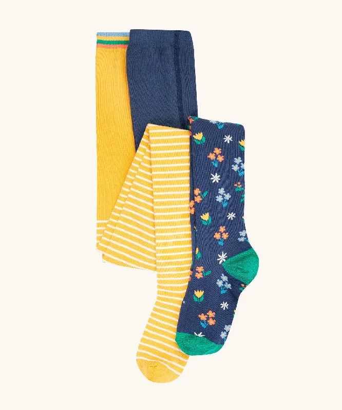 Frugi Norah Tights 2 Pack - Bumblebee Breton/Navy Blue Floral