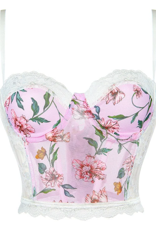 Pink Lace-Up Straps Floral Prints Laced Bustier Corset Top