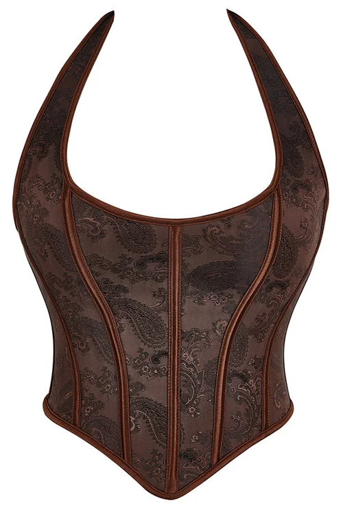 Brown Halter Boned Floral Lae-Up Bustier Corset Top