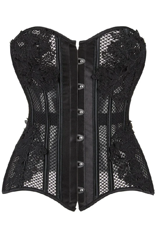 Black Strapless Mesh Appliques Lace-Up Bustier Corset Top