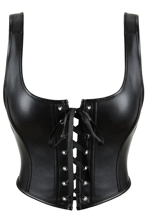 Black PU Leather Lace-Up Retro U Neck Bustier Corset Top