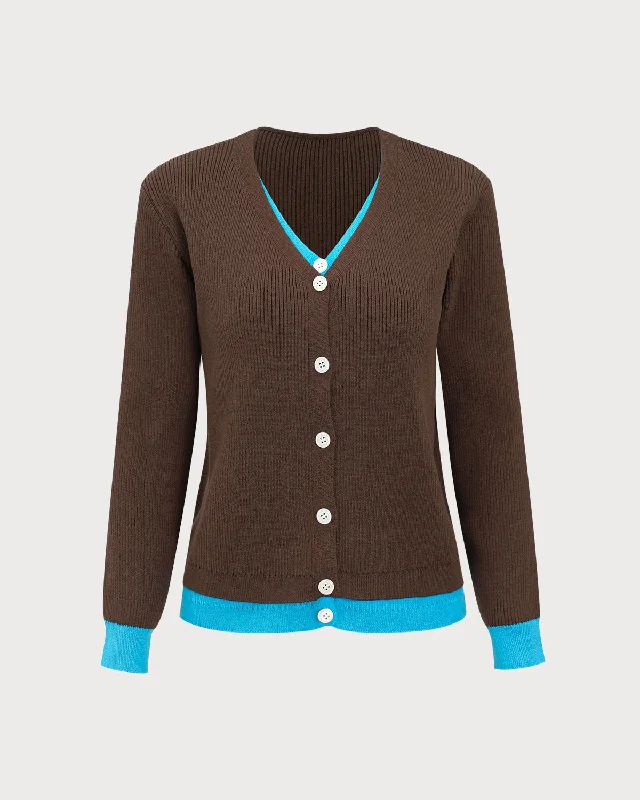 Brown Contrasting Single-Breasted Cardigan