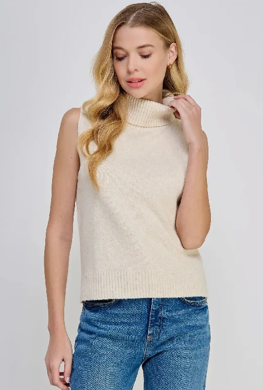 Cream Sleeveless Turtleneck Sweater