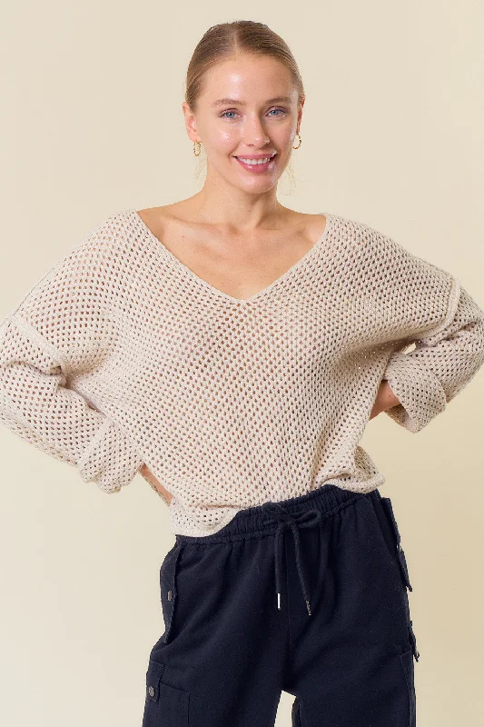 V-Neck Long Sleeve Crochet Sweater Knit Top