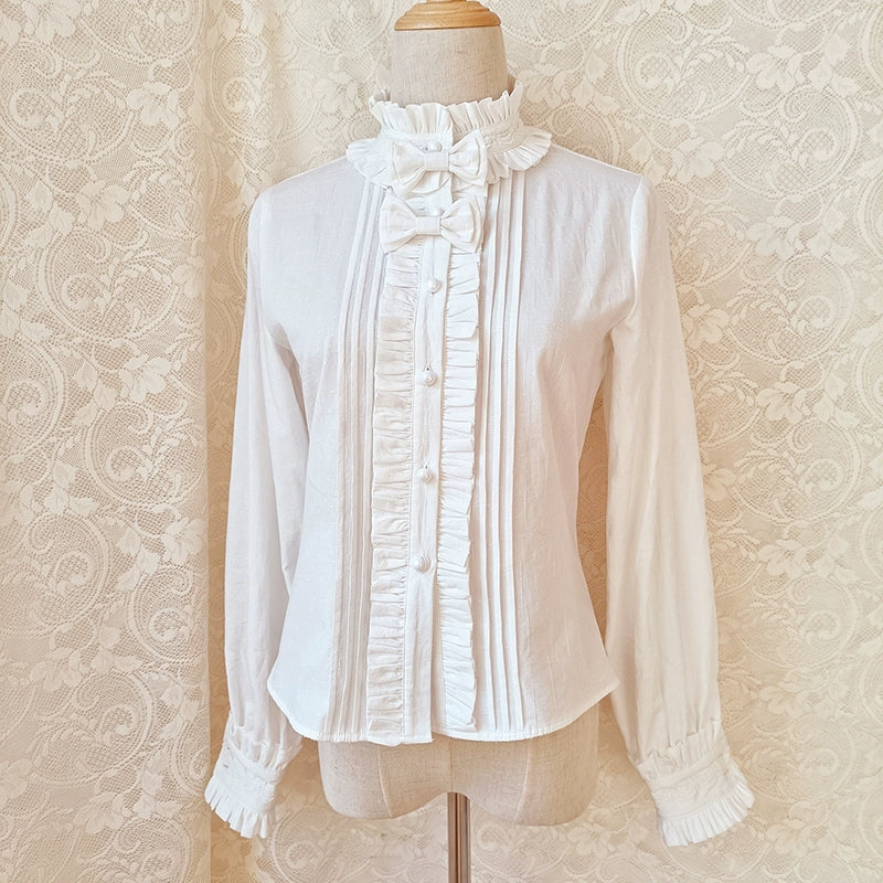 Youlan Lane~Winter Cotton Lolita Blouse White Long Sleeve Stand Collar Shirt