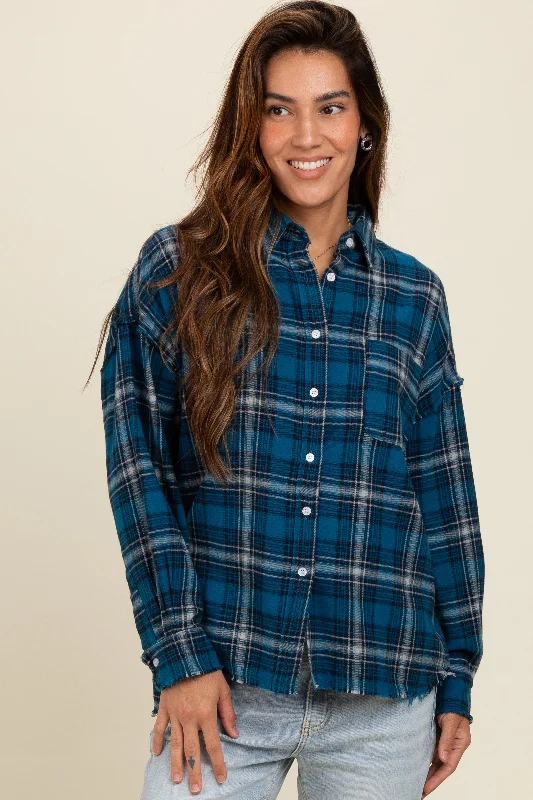 Navy Plaid Fringe Hem Shirt