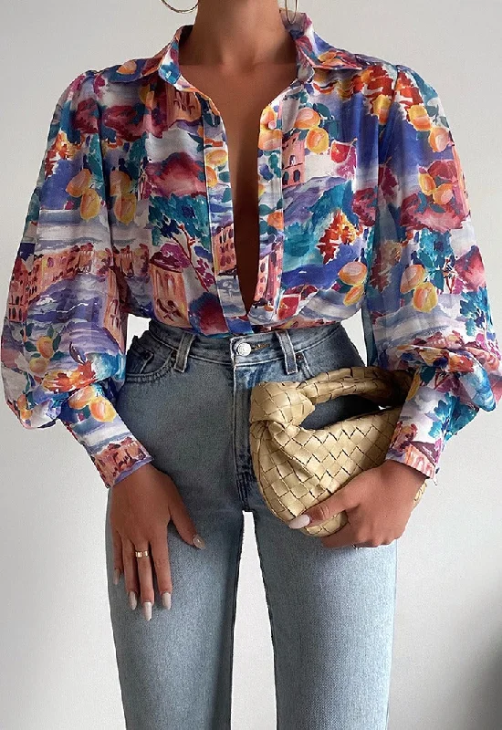 Women's Funky Retro Print Blouse Long Sleeve Button Front Detailed Cuff Shirt Casual Fashion Multicolour