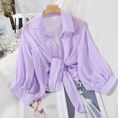 Women's Loose Sheer Blouse Tie Bottom Puff Sleeves Button Front Short Shirt