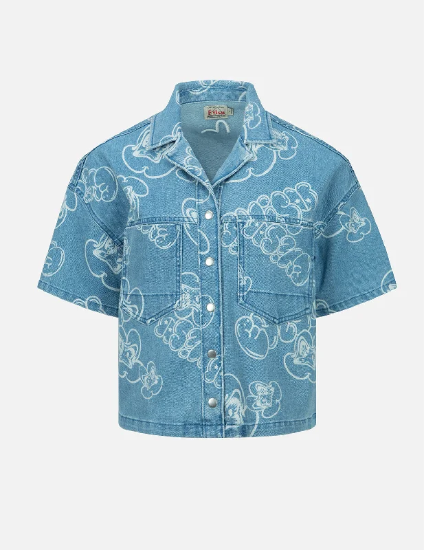 Allover Graffiti Daruma and Logo Discharged-Print Denim Shirt