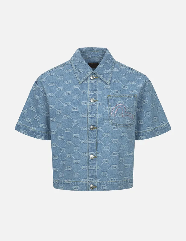 Allover Logo Jacquard and Rhinestone Seagull Fashion Fit Denim Shirt