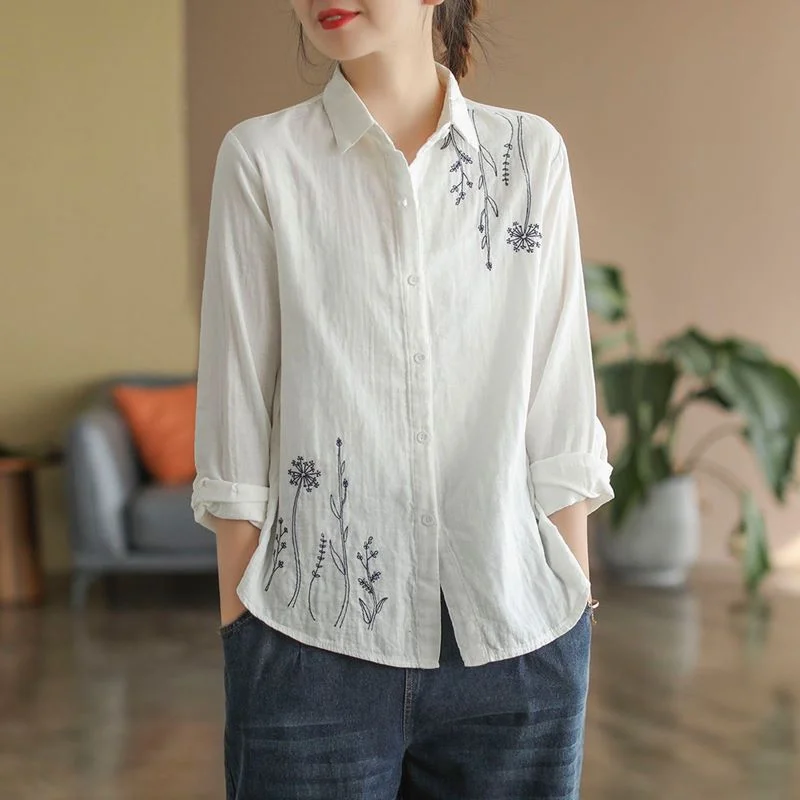 Classic Floral Embroidered Cotton Linen Shirt