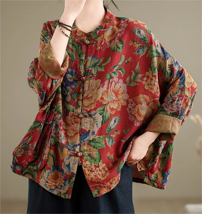 Women Ethnic Retro Floral Chinese Frogs Loose Shirt