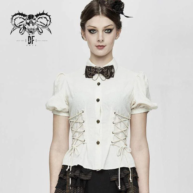 Women's Vintage Lentern Sleeve Lace-up Ivory Shirts