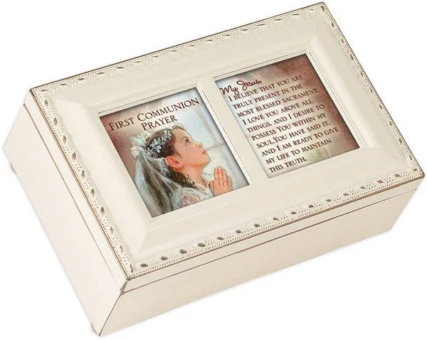 First Communion Jesus Believe You Matte Ivory Jewelry Music Box Plays Ave Maria