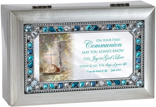 First Communion Joy of Gods Love Brushed Silver Blue Jeweled Petite Music Box Plays Jesus Loves Me