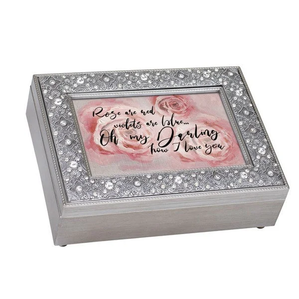 Oh My Darling Silver Tone Filigree Jewel Bead Music Box Plays Canon in D