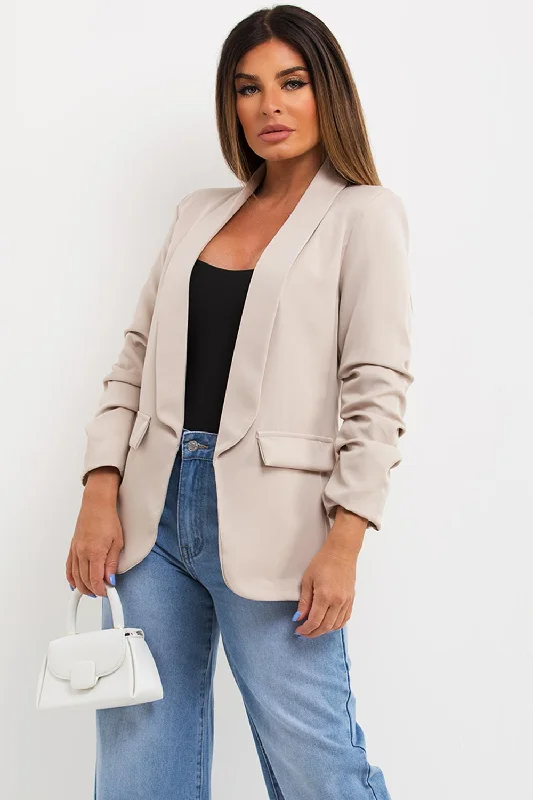 Beige Ruched Sleeve Blazer Jacket