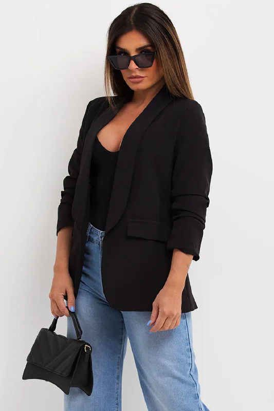 Black Ruched Sleeve Blazer