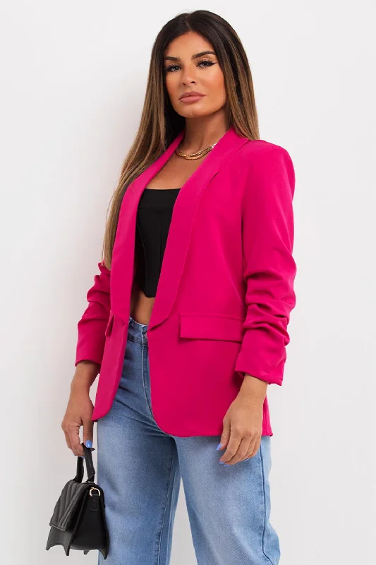 Hot Pink Ruched Sleeve Blazer