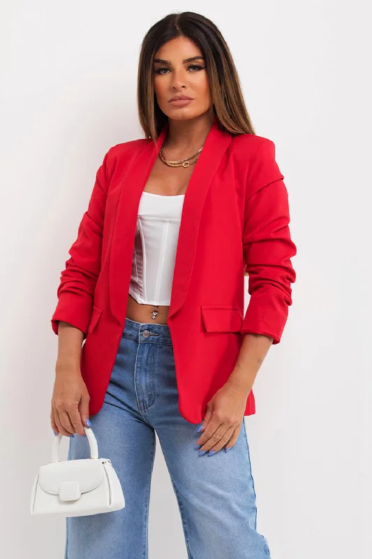 Red Ruched Sleeve Blazer