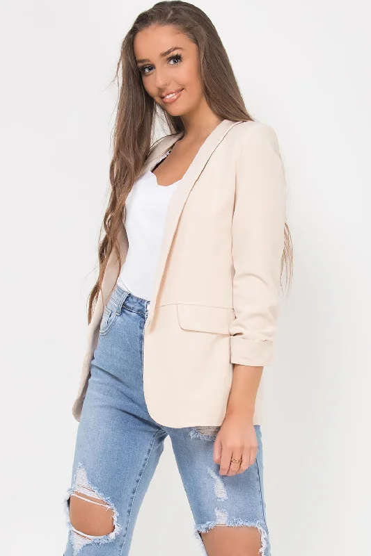 Ruched Sleeve Blazer Beige