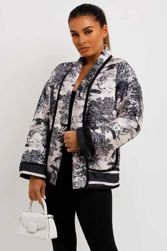 Satin Quilted Blazer Jacket With Jungle Print Black White