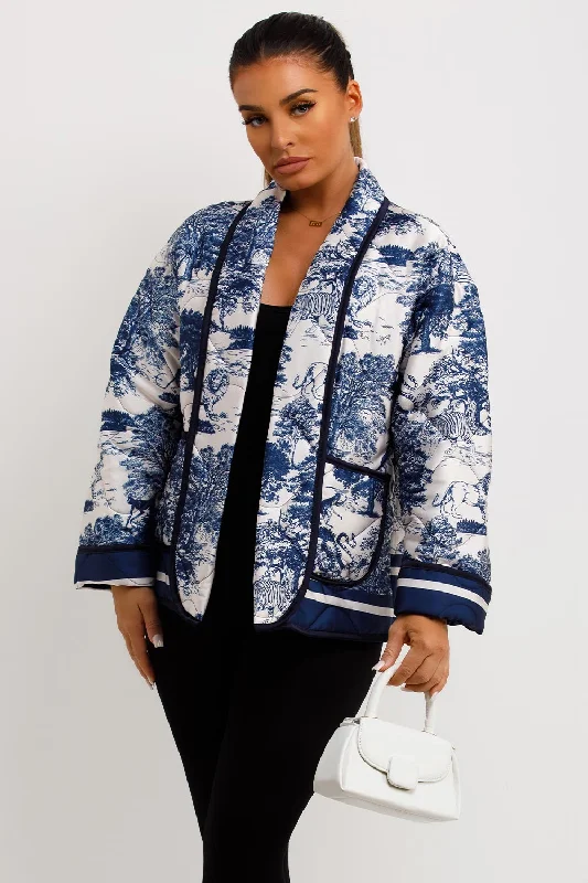 Satin Quilted Blazer Jacket With Jungle Print Blue