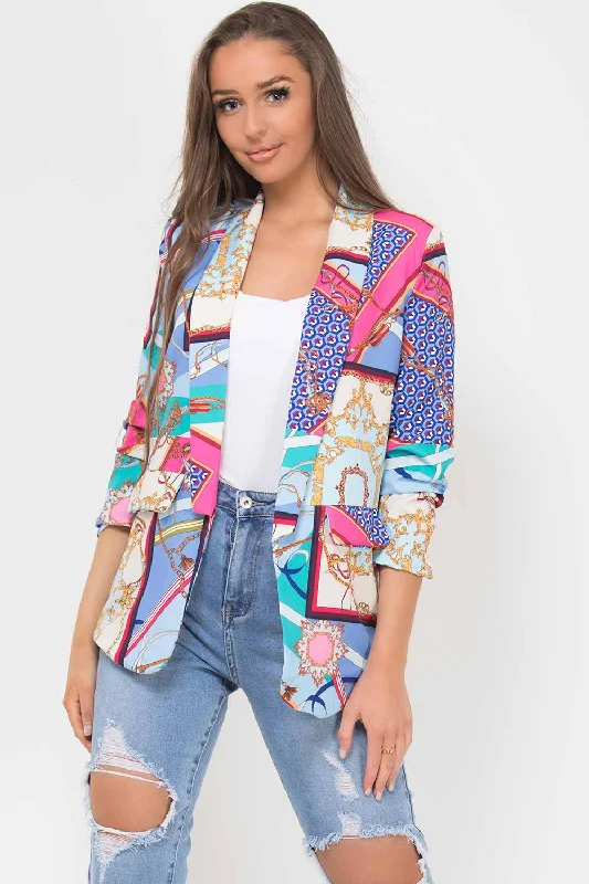 Scarf Print Ruched Sleeve Blazer Blue