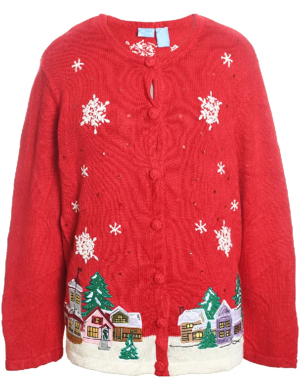 Winter Scene Design Knit Red Christmas Cardigan - M