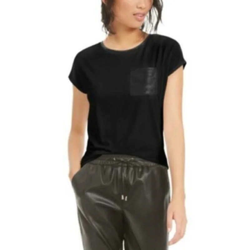 Bar III Women's Faux-Leather Pocket T-Shirt Black Size Small