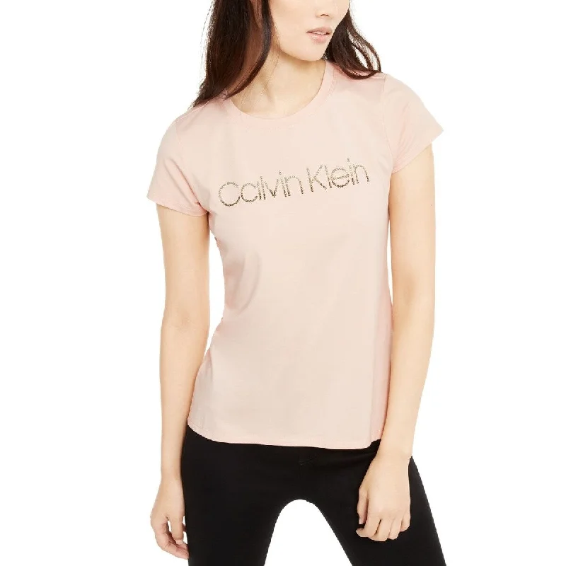 Calvin Klein Women's Studded-Logo T-Shirt Pink Size Extra Large - X-Large