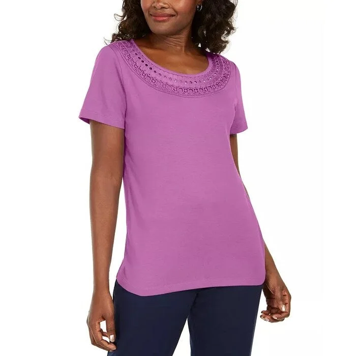 Karen Scott Women's Cotton Crochet-Trim T-Shirt Purple Size XL - X-Large