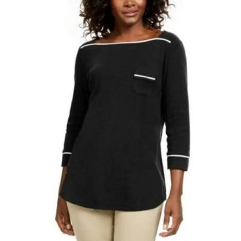 Karen Scott Women's Petite Piping-Trim T-Shirt Black Size 44