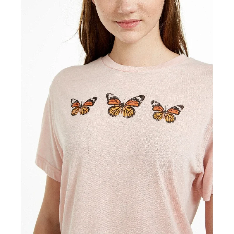 Rebellious One Juniors' Butterfly Cropped Graphic T-Shirt Pink Size Large