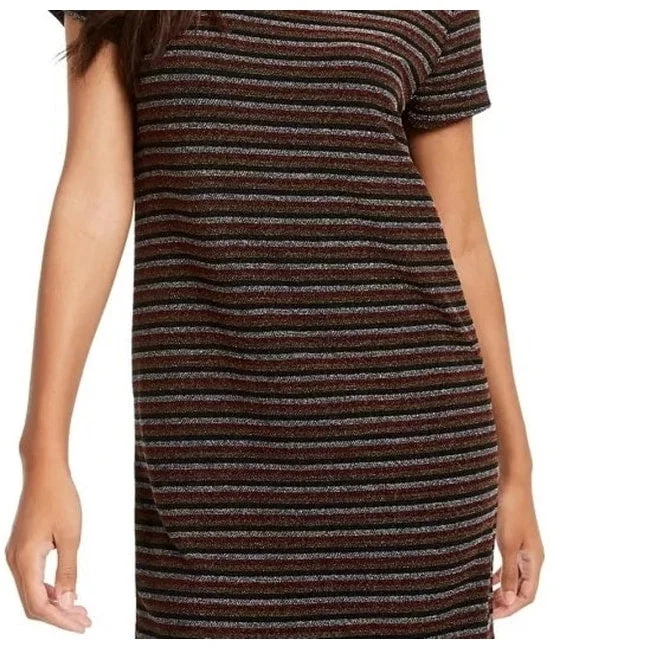 Rosie Harlow Junior's Lurex Striped T-Shirt Dress Brown Size Large