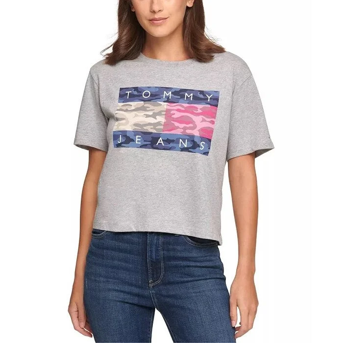 Tommy Jeans Women's Cropped Flag T-Shirt Gray Size Extra Large - X-Large