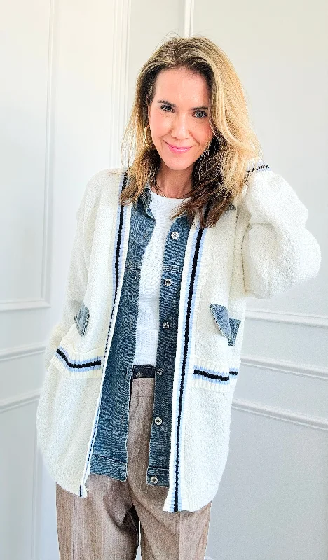 Denim Contrast Cozy Cardigan - White