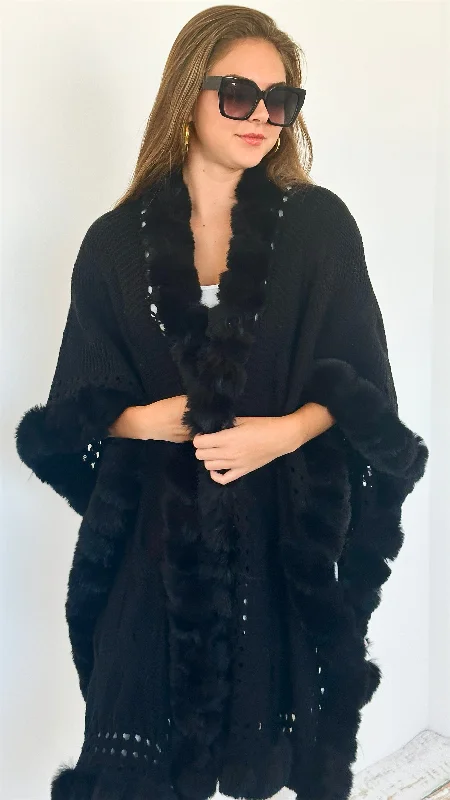 Faux Fur Trim Knitted Cardigan - Black