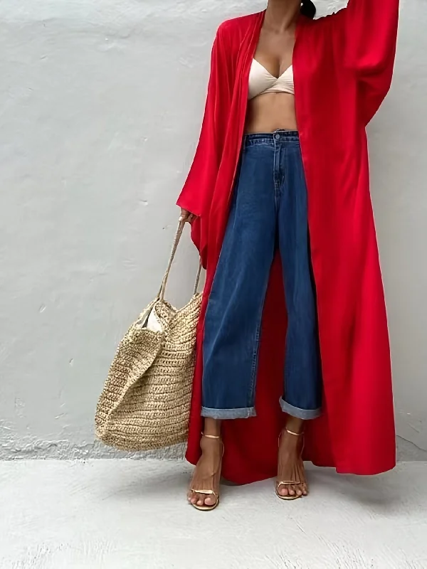 Red Open Front Long Cardigan