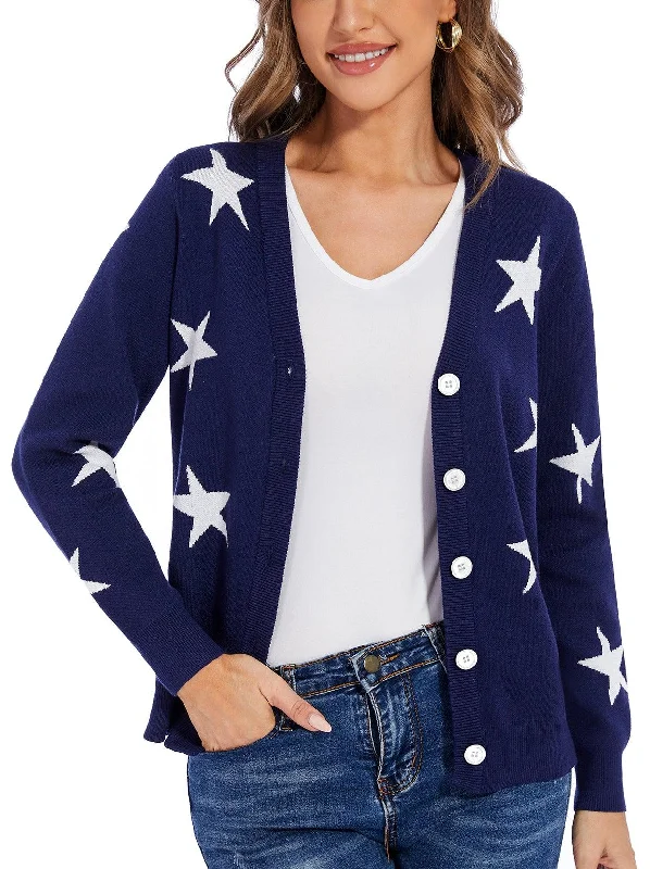 Ladies Long Sleeve Jacket-?SO® Blue Stars Open Front Knit Cardigan Sweaters Button Down V Neck Outwear Coat