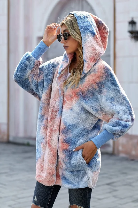 Tie-Dye Plush Hooded Cardigan