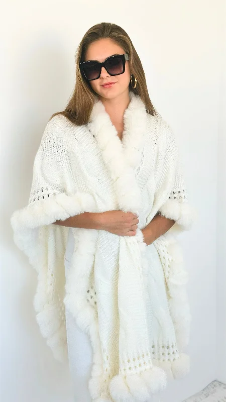 Faux Fur Trim Knitted Cardigan - Ivory