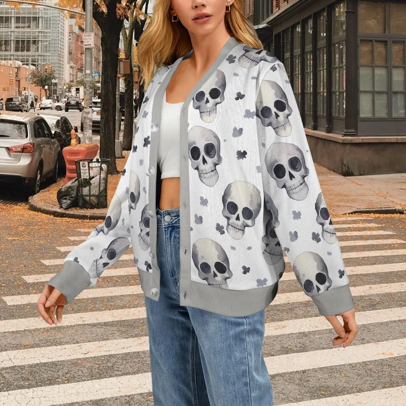 Greyscale Skulls Women's Ribbed Cardigan SweaterWindproof cardigan