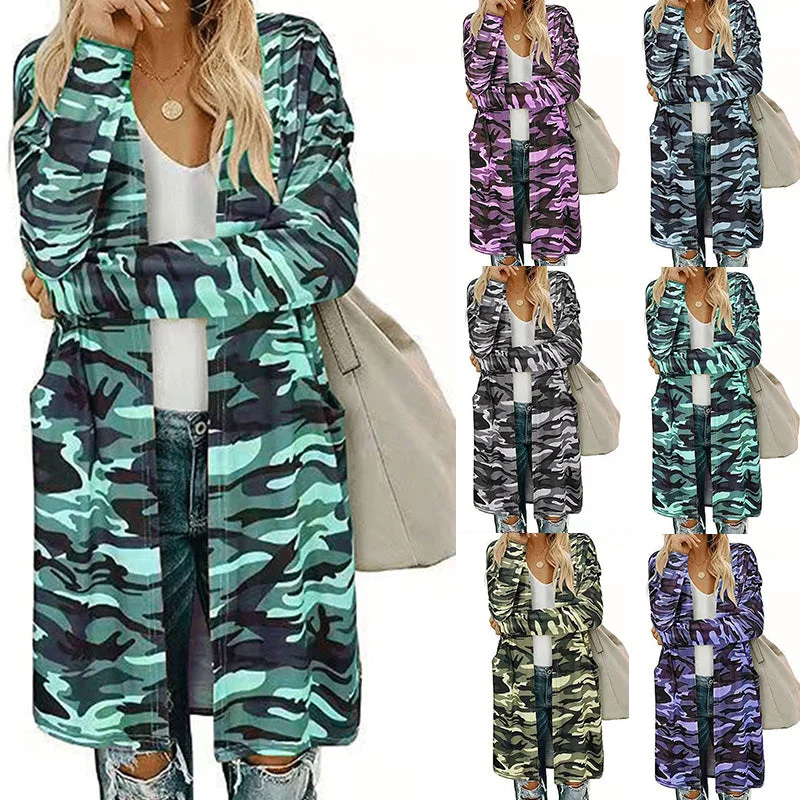 Women's Long Sleeve Side Pockets Jackets Tops Camouflage Coats Outdoor CardigansChunky cardigan