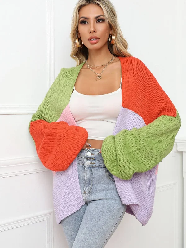 Color Block Open Front Balloon Sleeve Longline CardiganStriped cardigan