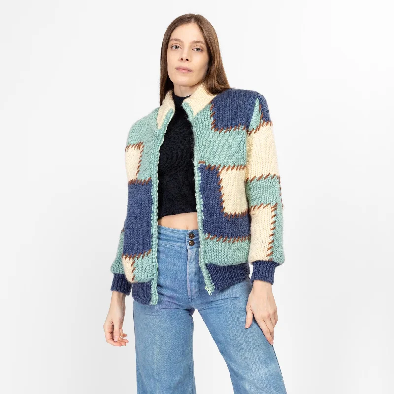 Sm-Med 80s Color Block Patchwork Knit Cardigan JacketBelted cardigan